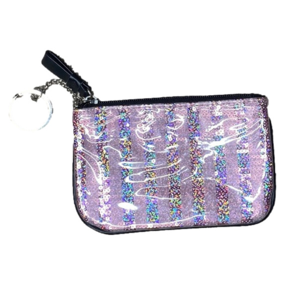 VICTORIA'S Secret Coin Purse Pouch Zip top Bag Glitter Sequins Pink Stripes - Picture 1 of 4